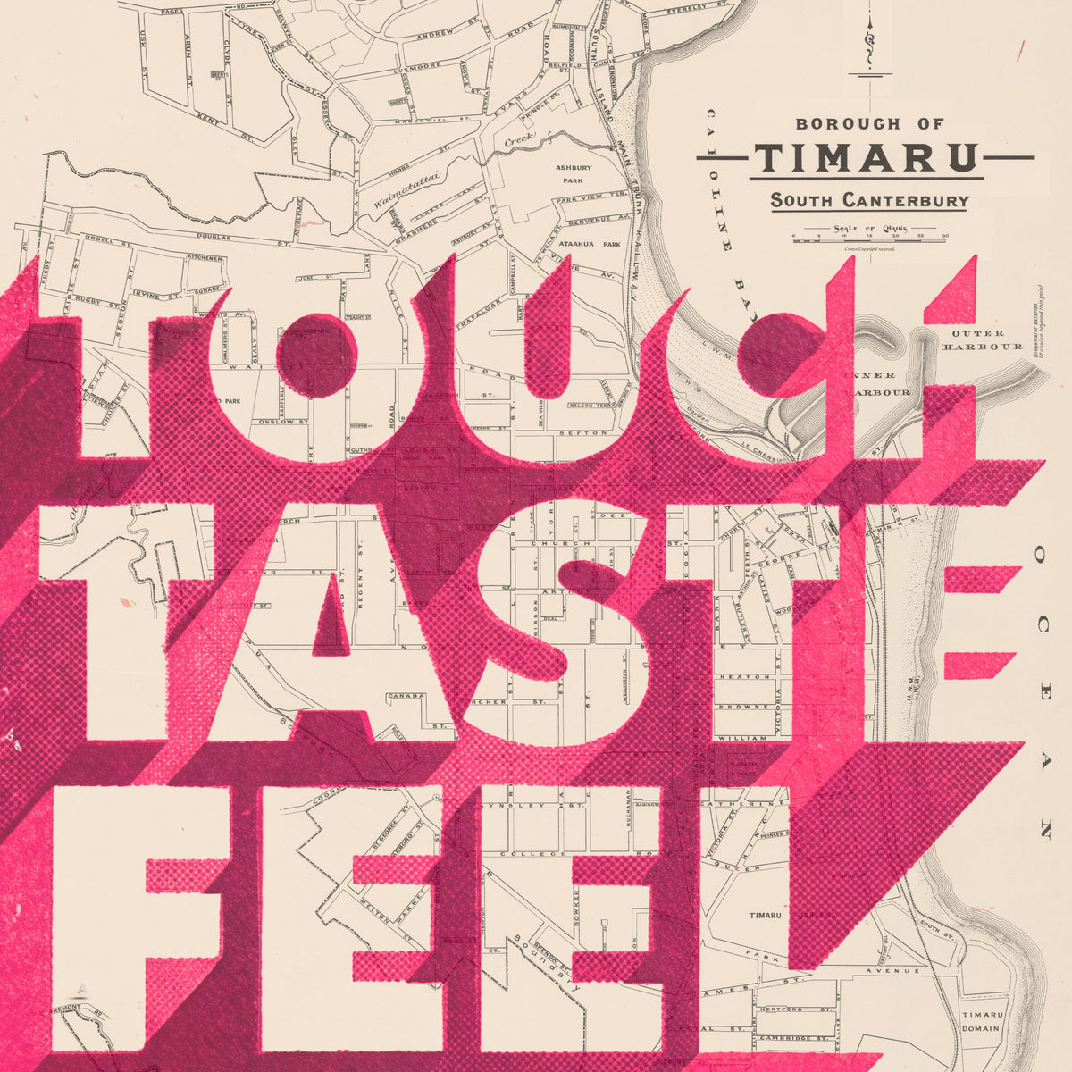 Touch, Taste, Feel, Limited edition Giclée map print of Timaru, Canterbury NZ v02 – toptownz