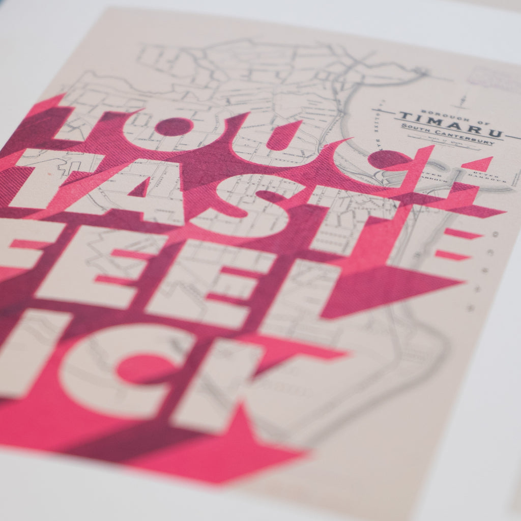 Touch, Taste, Feel, Limited edition Giclée map print of Timaru, Canterbury NZ v02 – toptownz