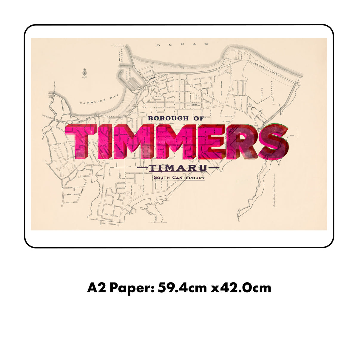 Timmers Limited edition Giclée map print of Timaru, Canterbury NZ v01 – toptownz