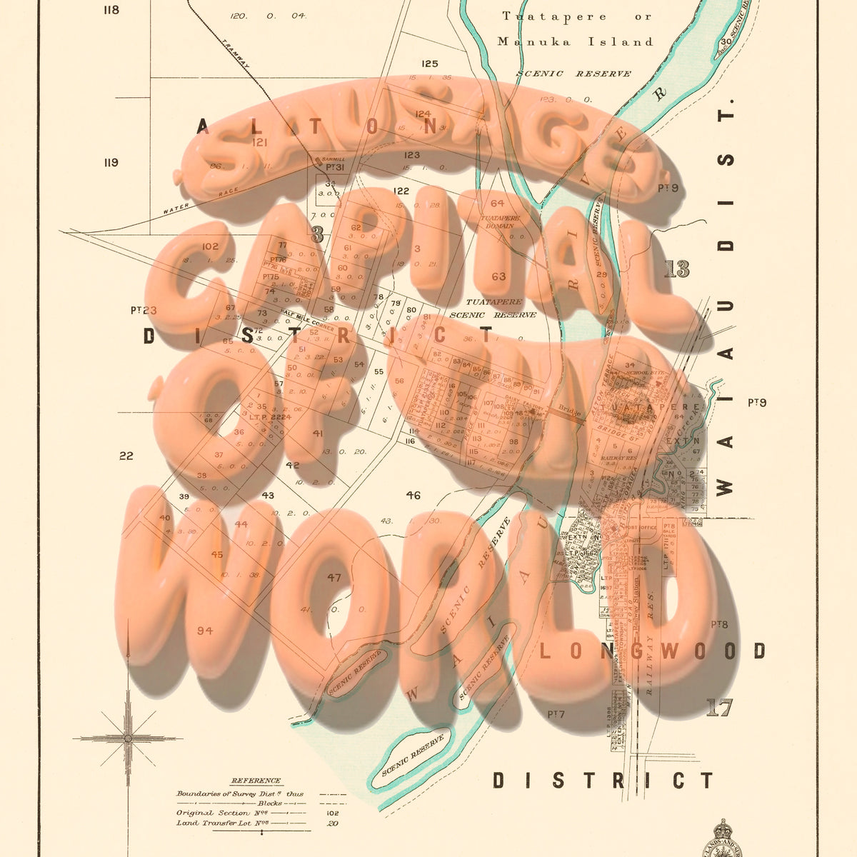 SAUSAGE CAPITAL Limited edition Giclée map print of Tuatapere, Southland New Zealand v01 – toptownz