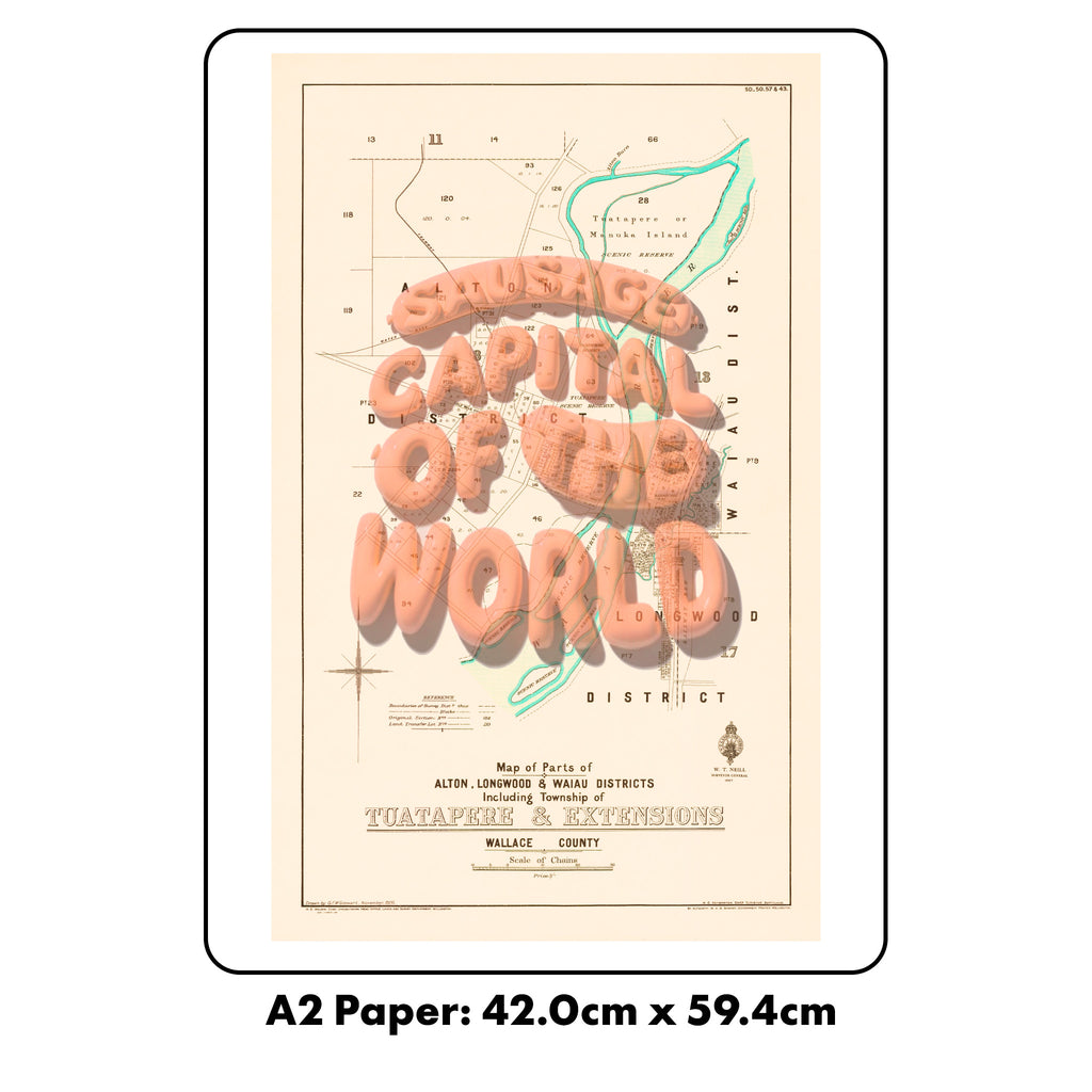 SAUSAGE CAPITAL Limited edition Giclée map print of Tuatapere, Southland New Zealand v01 – toptownz