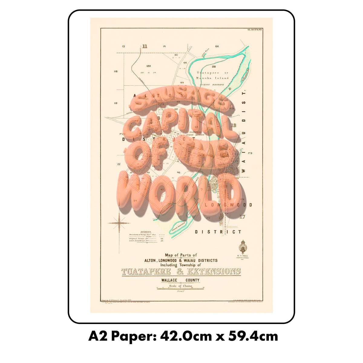 SAUSAGE CAPITAL Limited edition Giclée map print of Tuatapere, Southland New Zealand v01 – toptownz