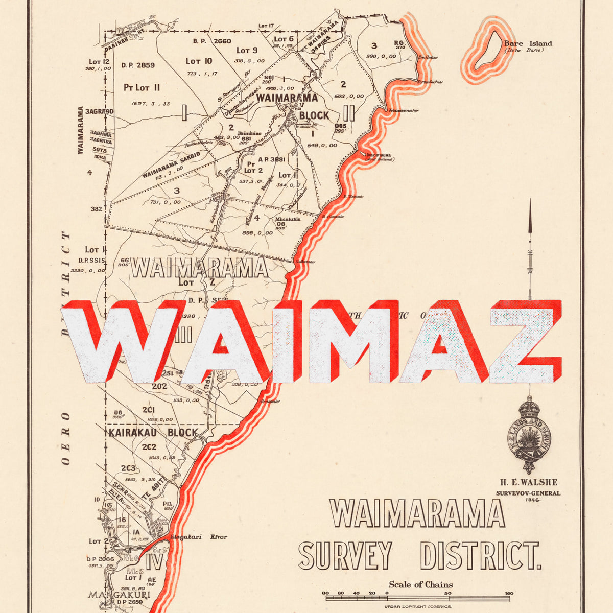 WAIMAZ Ltd. Ed. Giclée map print of Waimarama, Hawke's Bay NZ v01 – toptownz