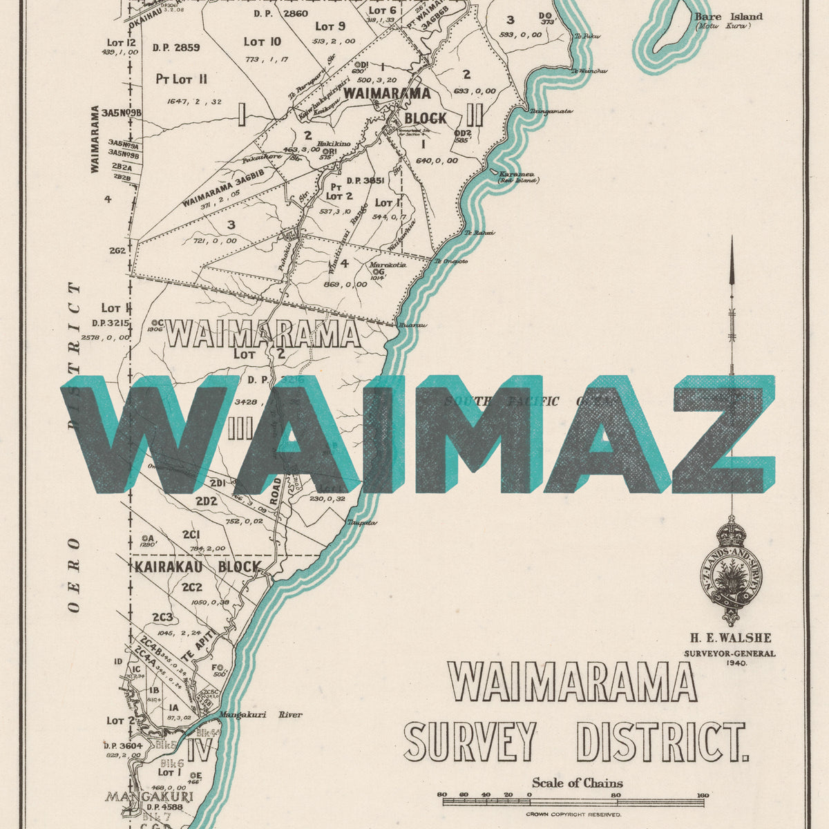 WAIMAZ Ltd. Ed. Giclée map print of Waimarama, Hawke's Bay NZ v02 – toptownz