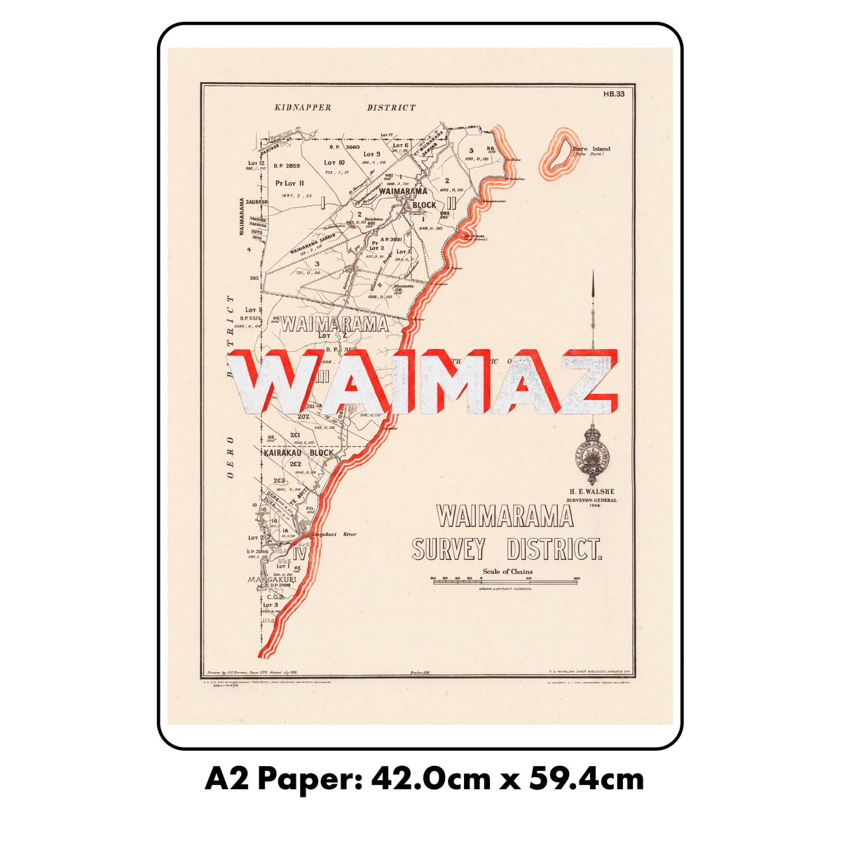 WAIMAZ Ltd. Ed. Giclée map print of Waimarama, Hawke's Bay NZ v01 – toptownz