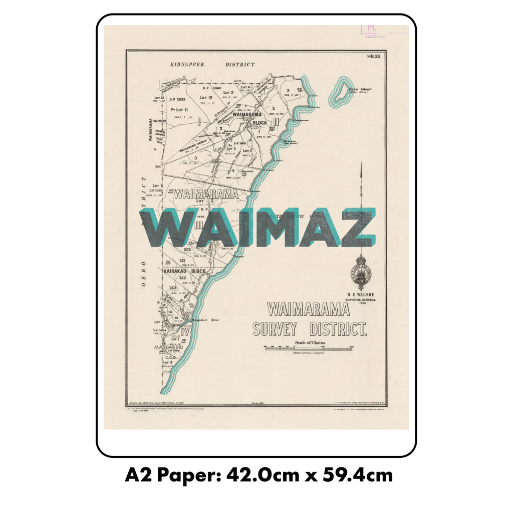 WAIMAZ Ltd. Ed. Giclée map print of Waimarama, Hawke's Bay NZ v02 – toptownz