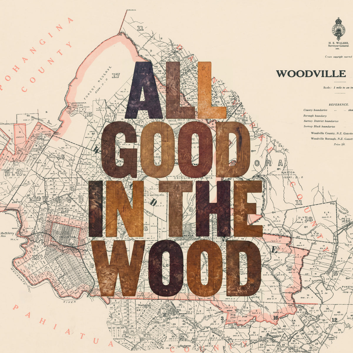 All good in the wood, Limited edition A2 Giclée map print of Woodville, Hawke's Bay NZ – toptownz